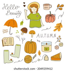 Doodle fall autumn elements hand drawing. Autumn collection cartoon line art. Modern abstract fall seasonal decoration icon symbol of girl, boots, umbrella