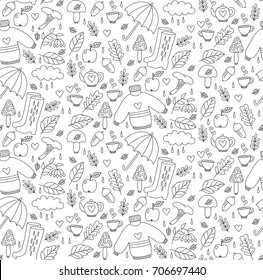 Doodle fall autumn  icons seamless black and white vector pattern