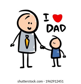 Doodle family of dad and son in the Fathers day. Vector illustration black line art.