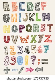 Doodle Fancy ABC Alphabet/ Illustration of a set of hand drawn sketched and doodled kids ABC letters and font characters, in childish style also containing dollar and euro currency symbols