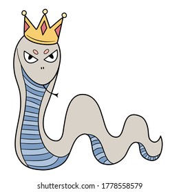 Doodle fantasy animal. Hand drawn a snake with crown stuck out his tongue. Vector illustration from imagination for kid art.