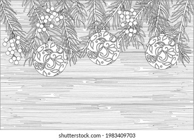 Doodle fantasy Christmas tree branch coloring page for adults. Fantastic psychedelic graphic artwork. Vector hand drawn simple flat illustration.