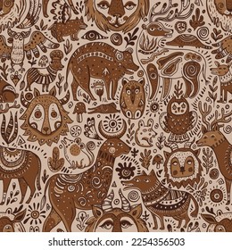 Doodle fantasy forest creatures seamless pattern, cute vintage background