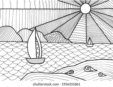 Doodle fantasy sea landscape coloring page for adults. Fantastic psychedelic graphic artwork. Vector hand drawn simple flat illustration.