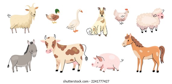 Personajes de animales de granja de perros. Granjas de animales, becerros de dibujos animados, cabras y ovejas. Vaca y caballo aislados, pato y pollo. Conjunto de vectores agrícolas de hoy