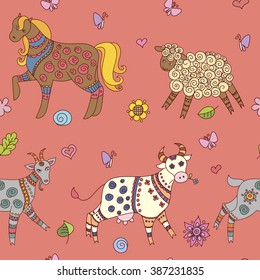 Doodle farm animals seamless pattern