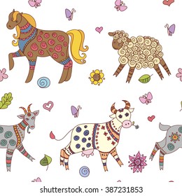 Doodle farm animals seamless pattern