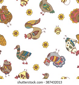 Doodle farm birds seamless pattern