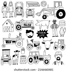 Doodle farm farming agriculture logo set vector illustration with animals: pig, cow, chicken and characters.