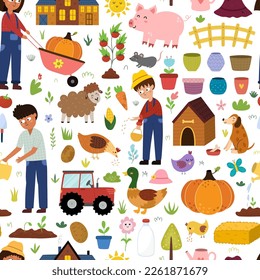 Doodle farm seamless pattern with cute characters in cartoon style. Kids farmers with domestic animals background. Hen, sheep, duck, pig and other characters. Vector illustration