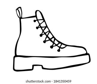 Doodle fashion biker worker boot hand drawn in line art style with ink brush. Vector illustration isolated on white background