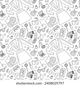 Doodle fashion and cosmetics elements seamless pattern. Hand drawn barbiecore doodle pattern