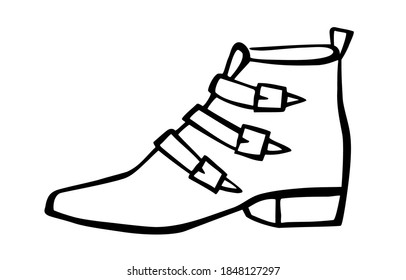 Doodle fashion cowboy boot hand drawn in line art style with ink brush. Vector illustration isolated on white background