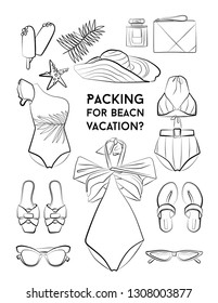 doodle fashion summer Vector set of woman beach accessories swimsuit hand drawn travel objects