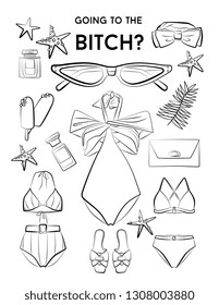 doodle fashion summer Vector set of woman beach accessories swimsuit hand drawn travel objects
