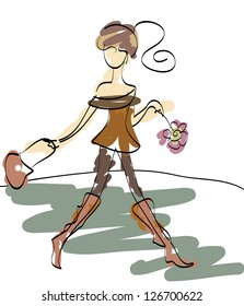Doodle fashionable girl with purse and flower