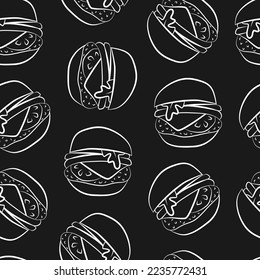 Doodle fast food burger linear seamless pattern. Chalkboard hand drawn restaurant or cafe background. Cute fabric print template.