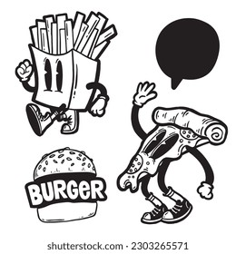 Doodle fast food cartoon character. Retro poster vector illustration.