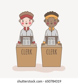 Doodle fast food clerk. Cartoon style woman. Vector employee illustration.