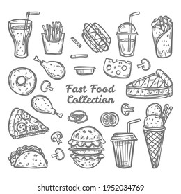 Doodle fast food collection. Hand drawn illustration for menu. backgrounds and posters, coock books and notebooks, fabric prints and wallpapers