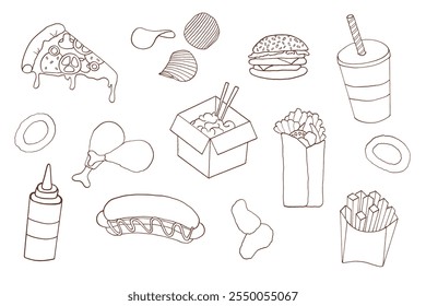 Doodle colección de comida rápida. Conjunto de comidas chatarra. Pizza, hamburguesa, refresco, perrito caliente, patatas fritas etc