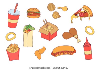 Doodle colección de comida rápida. Conjunto de comidas chatarra. Pizza, hamburguesa, refresco, perrito caliente, patatas fritas etc