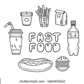 Doodle Fast food and drinks elements with lettering. Junk fat unhealthy meal concept. Vector illustration.

