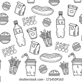 Doodle Fast food and drinks seamless pattern. Junk fat unhealthy meal concept. Take-away food. Vector illustration.

