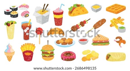 Doodle fast food elements. Asian and european street food. Noodles, kebab, sushi and rolls, burger and nuggets, taco. Tasty meals icons neoteric vector set