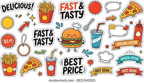 Doodle Fast Food Elements With Cute Burger French Fries Pizza And Refreshing Drinks Drawn