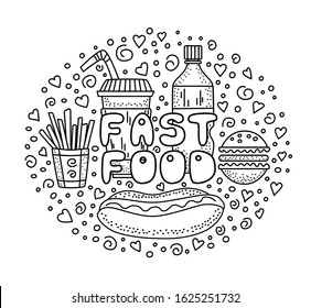 Doodle Fast food elements with lettering isolated on background. Junk Fat Unhealthy meal. Vector illustration.

