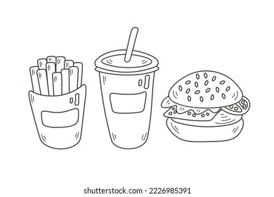 Doodle fast food elements set. Cartoon style food products hand drawn collection. Line art American cuisine vector illustration with black and white burger, French fries