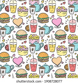 Doodle fast food pattern. Takeaway food. Cute print with coffee, tea, hearts, cake. Vector illustration