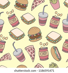 Doodle fast food, seamless pattern