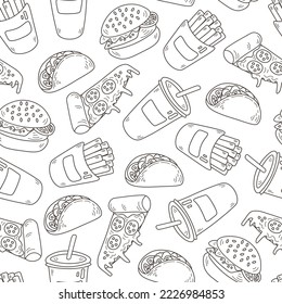 Doodle fast food seamless pattern cartoon style. Black and white hand drawn food seamless background with falling rough burger, French fries, pizza, taco. Vector illustration