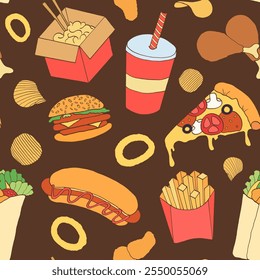 Doodle de comida rápida sin patrón. Fondo de comidas chatarra.