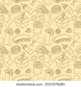 Doodle de comida rápida sin patrón. Fondo de comidas chatarra.