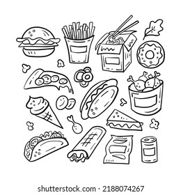 Doodle fast food set. Hand drawn black and white collection of sketch fast food elements. Isolated vector illustration for restaurant, cafe, delivery