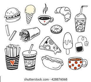Doodle fast food set. Hand drawn potato fries, pizza, burger, sweets, ice cream, drinks, hot dog and other junk food.
