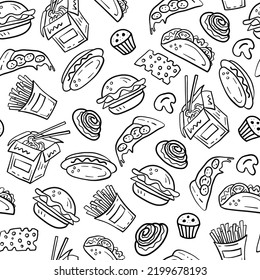 Doodle fast food vector seamless pattern. Hand drawn black and white sketch falling food elements seamless background for delivery, packaging, restaurant concept design