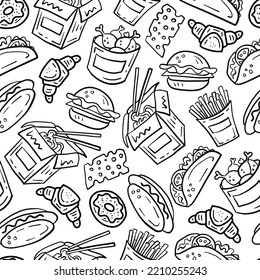 Doodle fast food vector seamless background. Cartoon style hand drawn food seamless pattern with hand drawn black and white burger, taco, French fries, chicken, hot dog, wok box, donut