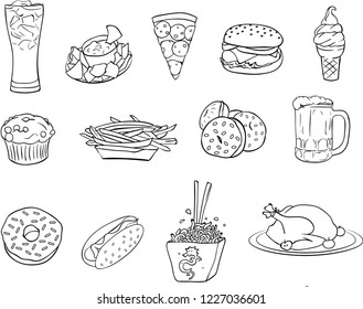 Doodle fast food vector  set . American food. Pizza, burger, potato, china food, chips, nachos, hot dog