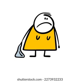 Doodle fat housewife woman with a wet rag is dissatisfied with a dirty room and goes to do the cleaning. Vector illustration of a cartoon cleaning lady with inventory.