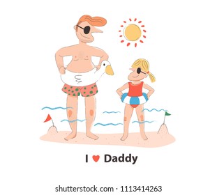 Doodle, father and daughter on the beach in summer, wearing the rubber ring, with i love daddy text, father day concept, illustration, vector