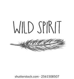 Doodle feather with inscription - wild spirit. Vintage background. Hand drawn design isolated on white background. vector illustration