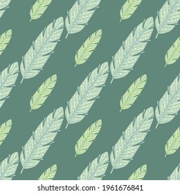 Doodle feather seamless doodle pattern for print design in hand drawn style. Green pastel decorative print. Designed for fabric design, textile print, wrapping, cover. Vector illustration.