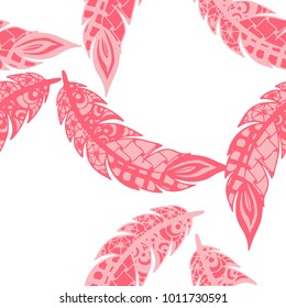 Doodle Feathers. Seamless Pattern with Hand Drawn Zentangles. Ethnic Boho Background. Simple Freehand Pattern for Rapport, Print, Textile, Fabric. Trendy Vintage Seamless Texture. Colorful Vector