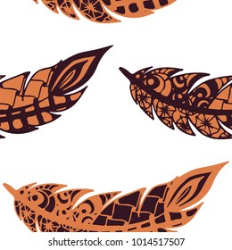 Doodle Feathers. Seamless Pattern with Hand Drawn Zentangles. Ethnic Boho Background. Simple Freehand Pattern for Rapport, Print, Textile, Fabric. Trendy Vintage Seamless Texture. Colorful Vector