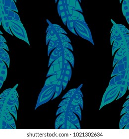 Doodle Feathers. Seamless Pattern with Hand Drawn Zentangles. Ethnic Boho Background. Simple Freehand Pattern for Rapport, Print, Textile, Fabric. Trendy Vintage Seamless Texture. Colorful Vector
