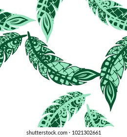 Doodle Feathers. Seamless Pattern with Hand Drawn Zentangles. Ethnic Boho Background. Simple Freehand Pattern for Rapport, Print, Textile, Fabric. Trendy Vintage Seamless Texture. Colorful Vector